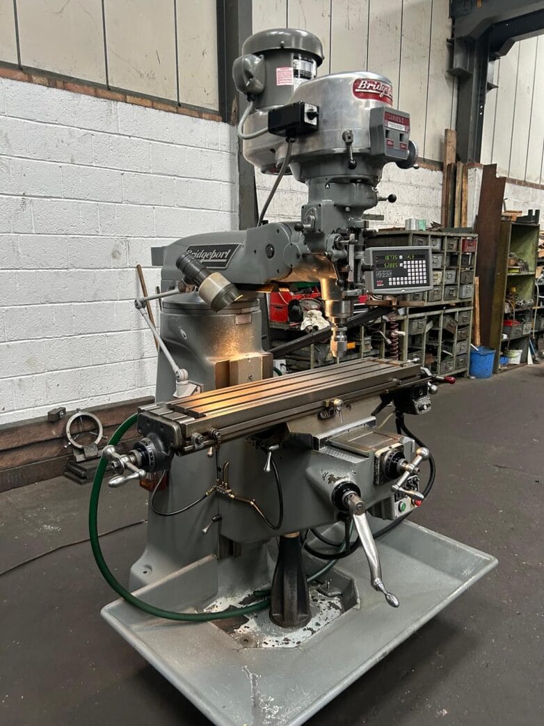 Bridgeport milling machine angled view in workshop