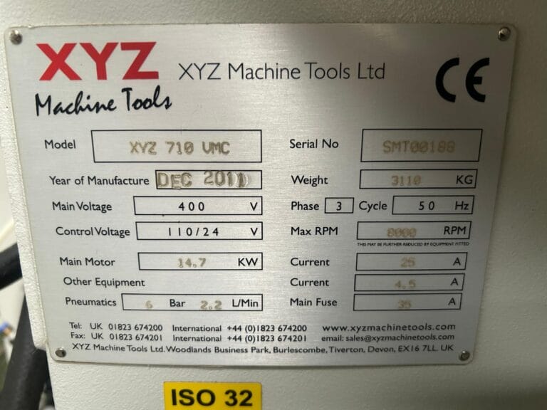 XYZ 710 UMC machining center nameplate showing specifications and year 2010